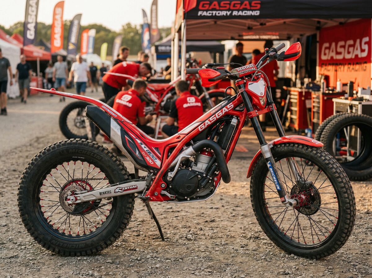Rode GASGAS trial motorfiets in de paddock bij een evenement
